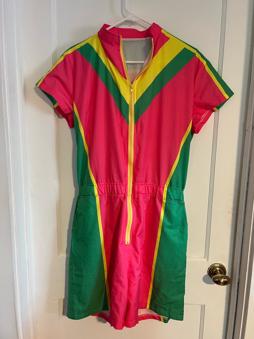 80’s Bright Pink, Green & Yellow Zip-Front Athletic Romper